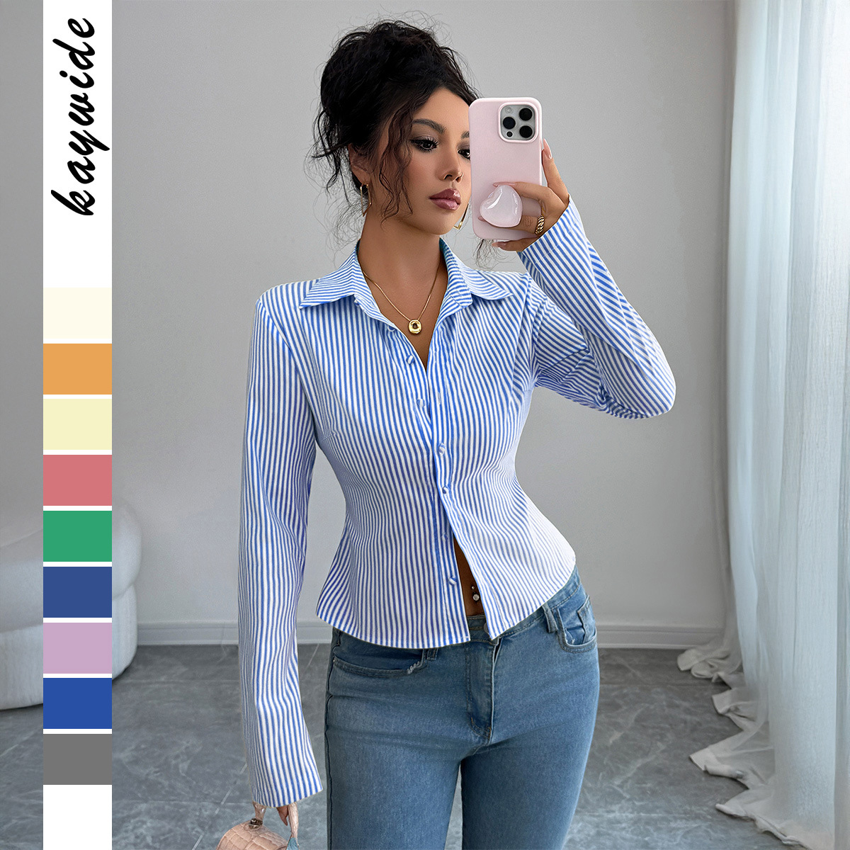 Winter Clothing Dress Up - Casual Simple Striped Long-sleeve Button-up Shirt