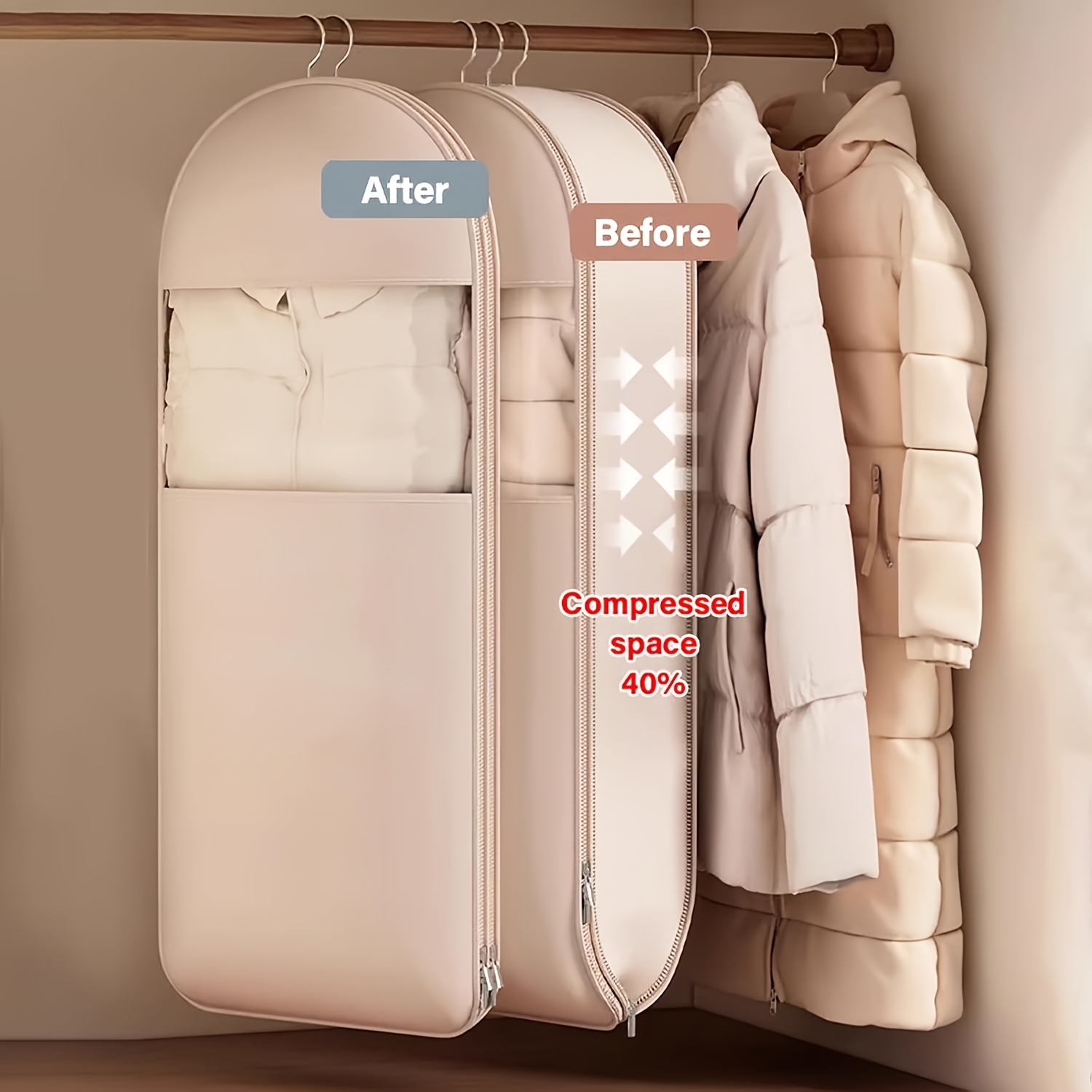 Winter Clothing Organizer - Beige Compression Hanging Bag, 40% Space-Saving